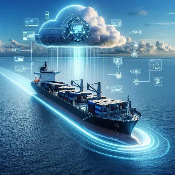 A digital illustration of a cargo ship sailing on the ocean with a stylized cloud above containing a glowing geometric sphere and various floating tech icons connected by lines, symbolizing cloud-based logistics.