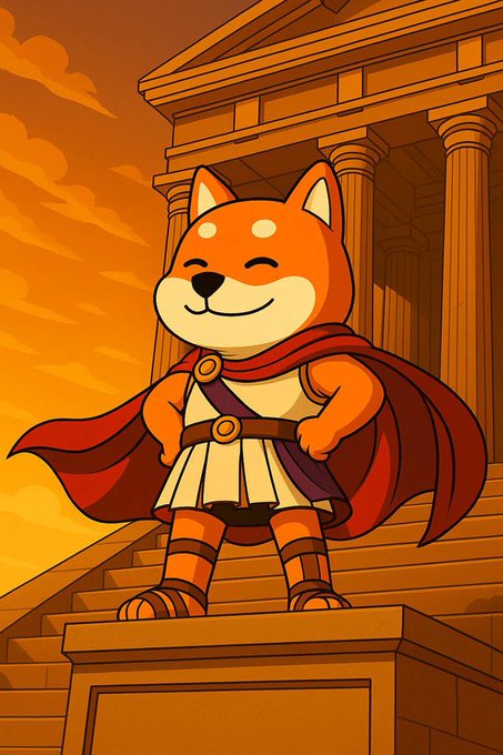 The image features a cartoon dog standing on top of a throne, wearing a red cape with a gold emblem around its neck. The dog appears to be smiling, giving off a happy vibe. In the background, there's an ancient building or temple that has been rendered in shades of orange and yellow, creating a warm and inviting atmosphere. The caption reads "The throne is no longer empty. Bonkeus Maximus has arrived. The Empire of bonk begins now. CA : 6BBLN7ZNmDaWyU3GNiHvuZir87TPd4Fiubk67CW2pump".
