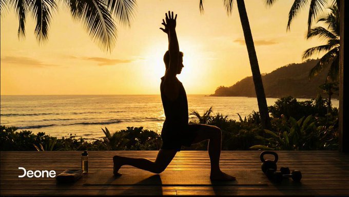 A silhouette of a person performs a yoga lunge pose with arms raised at sunset, with palm trees and ocean waves in the tropical background; the logo 'Deone' appears in the lower left corner.