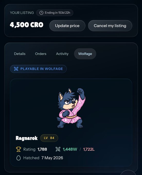 A digital marketplace listing for a Level 84 character named 'Ragnarok' priced at 4,500 CRO.