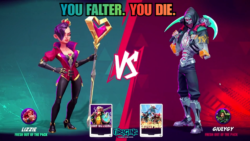 A 'Street Fighter' promotional graphic showing a versus matchup between the characters 'Lizzie' and 'Giulgy', with the tagline 'YOU FALTER. YOU DIE.' at the top.