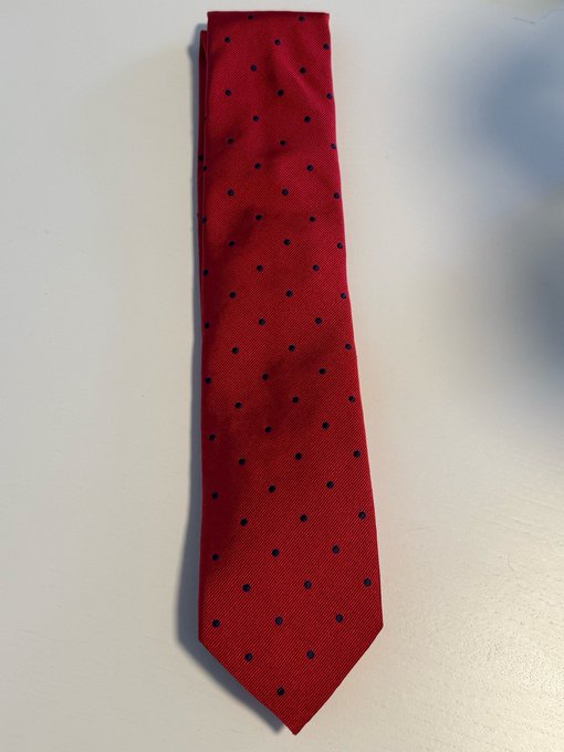 A red silk necktie with small navy blue polka dots is laid flat on a white surface, complementing the post about getting a new tie for the Avalanche Summit. The classic patterned tie would make a sharp, professional accessory suitable for the networking event.