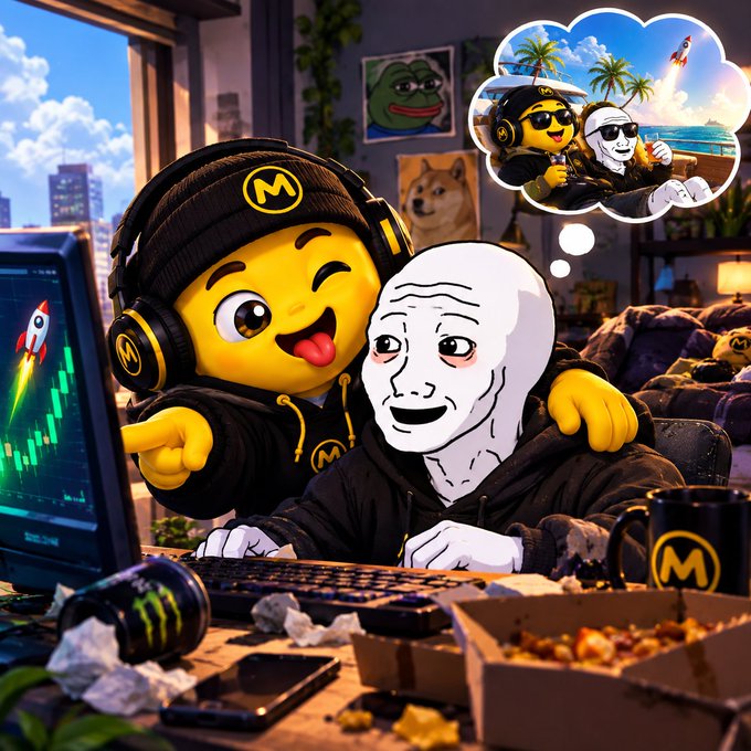 An illustration shows an anime-style emoji character with headphones and an 'M' beanie, who has a thought bubble depicting the Wojak 'Chad' meme and themselves on a tropical beach, while sitting next to a Pepe-style character watching a rocket launch on a computer monitor with a candlestick chart.