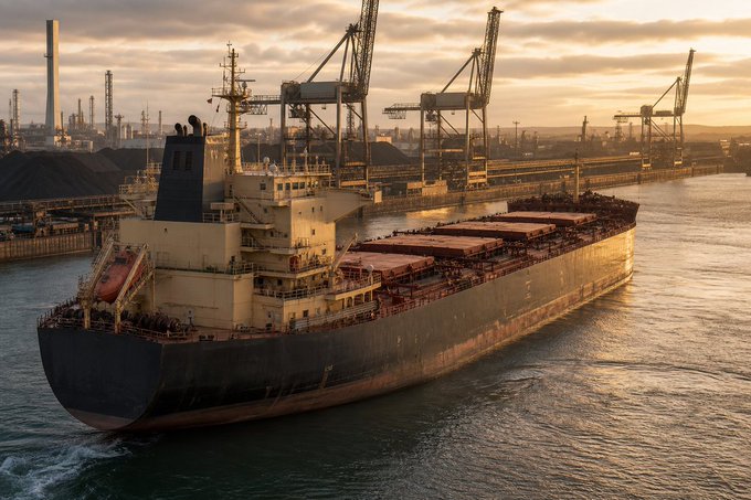 An aerial photograph of a large cargo ship docked at an industrial port with cranes, shipping containers, and a refinery visible in the background during sunset.