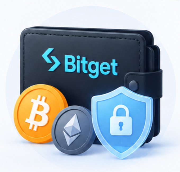 A 3D render of a black Bitget crypto wallet alongside Bitcoin and Ethereum coins and a blue security shield, illustrating cryptocurrency storage and protection.