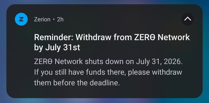 The image shows a notification from Zerion with the headline "Reminder: Withdraw from ZER0 Network by July 31st," informing users that the ZER0 Network will shut down on July 31, 2026, and urging them to withdraw any remaining funds before the deadline—directly supporting the post's warning to act immediately.