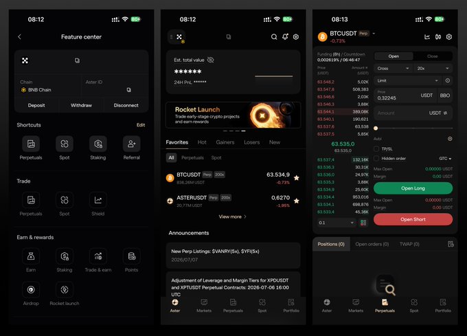Three screenshots of a cryptocurrency trading app showing Feature center, home screen with BTCUSDT at 63,534.9 and ASTERUSDT at 0.6270, and a futures trading interface for BTCUSDT Perpetual.