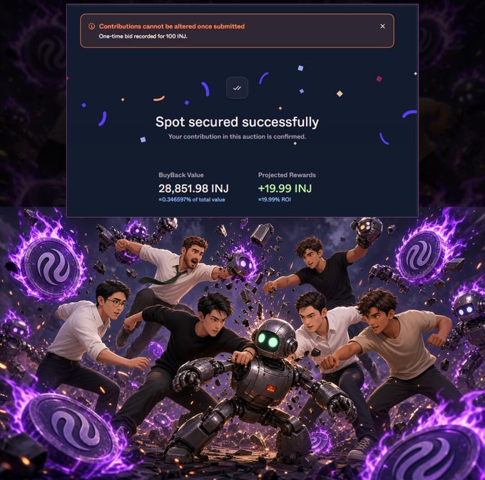 The image promotes a successful Injective community buyback after bots initially rushed to claim spots, showing six people battling a robot amid purple Injective logos. A confirmation panel reads “Spot secured successfully” and lists BuyBack Value of 28,851.98 INJ and Projected Rewards of +19.99 INJ, noting that contributions cannot be altered once submitted.