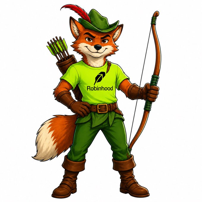 An illustration of an anthropomorphic fox dressed as Robin Hood, wearing a green shirt with the 'Robinhood' logo, holding a bow and a quiver of arrows.