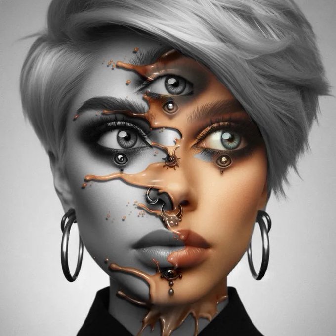 A digital art portrait of a face with two pairs of eyes, rendered partially in grayscale and partially in warm orange tones with a glossy liquid-like overlay, featuring silver hoop earrings and facial piercings.