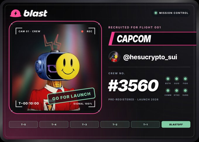 A Blast platform mission control interface showing a crew member 'CAPCOM' with handle '@hesucrypto_sui', crew number #3560, pre-registered for launch 2026.