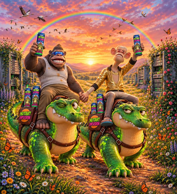 An AI-generated advertisement for 'MUTANT INFUSION' energy drink, showing a gorilla and monkey riding crocodiles in a field of flowers under a rainbow.