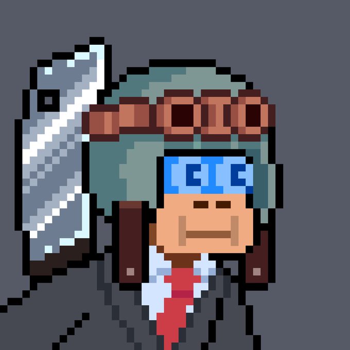 A pixel art portrait of an anime-style character with teal hair, a brown headband, blue goggles, and red goggles on their forehead, wearing a white and red outfit against a grey background.