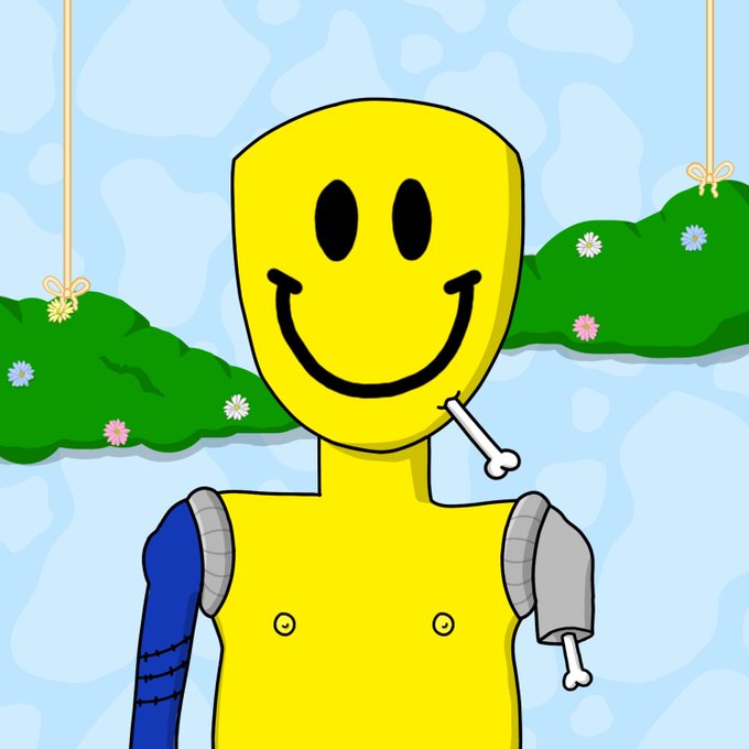 A cartoon illustration of a yellow smiley face character with a stitched neck, mismatched robotic arms (blue and grey), hanging by strings in a garden setting.