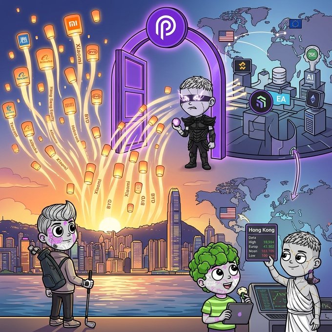 A digital illustration depicts the Pyth Network logo on a portal connecting Western and Chinese financial markets, with Chinese tech giants (Alibaba, Tencent, Xiaomi, BYD) launching glowing lanterns across a Hong Kong skyline, while the post celebrates over 100 Hong Kong equities (including the Hang Seng index high of 19,354) now live on Pyth Pro.