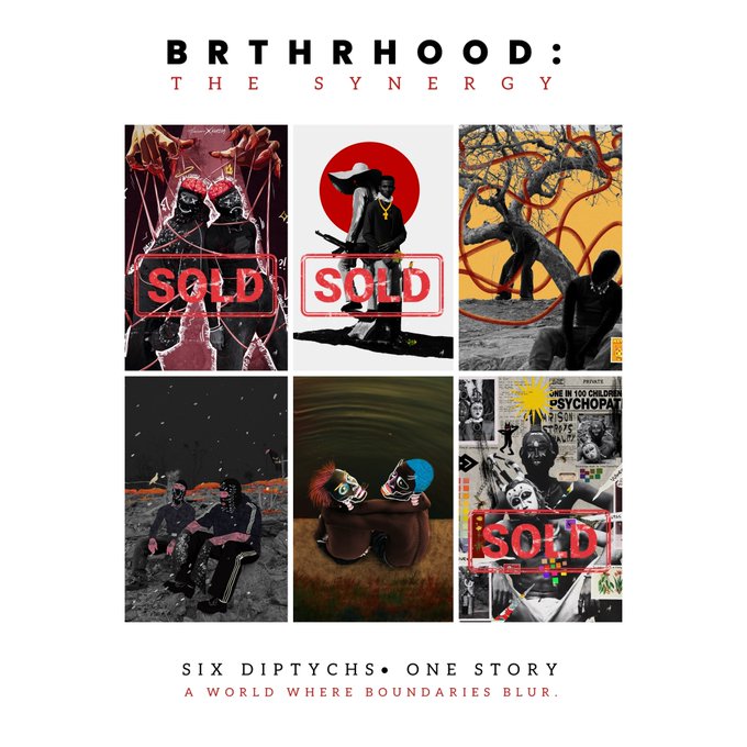 A promotional poster for "BRTHRHOOD: THE SYNERGY" displays six mixed-media art panels (several marked "SOLD") with the tagline "SIX DIPTYCHS • ONE STORY / A WORLD WHERE BOUNDARIES BLUR."
