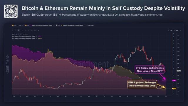 Santiment chart titled 'Bitcoin & Ethereum Remain Mainly in Self Custody Despite Volatility' showing BTC and ETH supply on exchanges at near lowest since 2017.