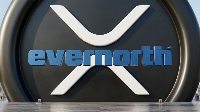 The Evernorth (XRP) logo is displayed on a large, rounded black sign, featuring the company's name in blue lettering alongside a stylized white "X" emblem. The image relates to the post by visually representing the digital asset treasury company mentioned, which holds approximately 473 million XRP and plans to deploy these holdings to support DeFi lending capabilities on the XRP Ledger.