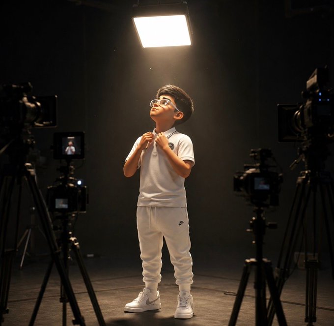 A young boy in glasses and a white polo shirt and sweatpants adjusts his collar while standing under a studio spotlight, surrounded by multiple camera tripods pointed at him.