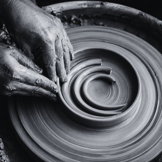 A black and white close-up photograph of a potter's hands covered in clay, shaping clay on a spinning pottery wheel.