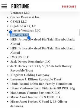 A cropped screenshot of a Fortune magazine webpage displaying a list of investors, with "Mo May, LLC" highlighted by a blue cursor, listing other notable backers such as Jack Dorsey, Lawrence J. Ellison Revocable Trust, and HRH Prince Alwaleed Bin Talal Bin Abdulaziz Alsaud—lending credibility to the post's mention of notable figures (including the Saudi Prince) being involved with X.