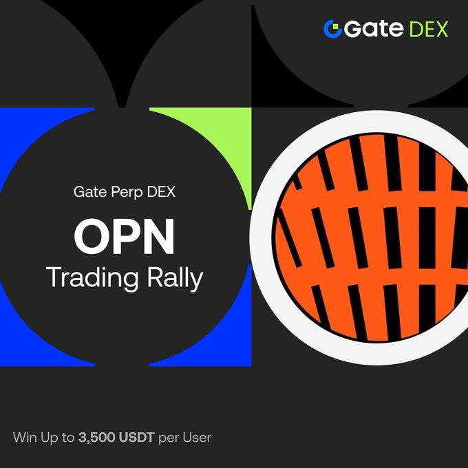 The image is a promotional poster for Gate DEX Trade OPN. The main focus of the advertisement is an orange, black, and white design featuring lines and circles that create a wave pattern. The text reads "OPN Trading Rally" on top, indicating the product being promoted or a particular trading event related to OPN. Below this, there's a post announcing a 3,500 USDT prize pool per user for winning up to $3,500 in trade OPNUSDT Perpetual Futures using high-frequency trading, emphasizing that users should compete on the trading volume leaderboard and use their rewards to increase their own trading gains.