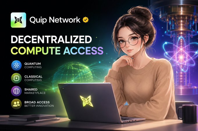 A promotional banner for 'Quip Network' featuring an anime-style woman with glasses using a laptop, advertising 'Decentralized Compute Access' with features like quantum and classical computing.