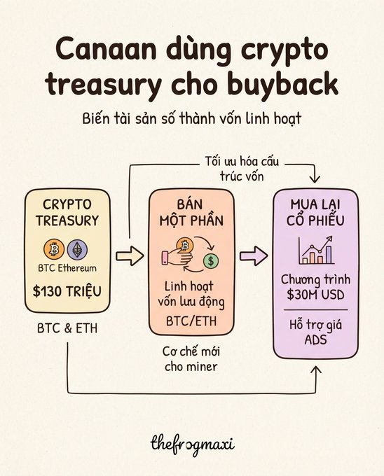 An infographic in Vietnamese titled 'Canaan dùng crypto treasury cho buyback' showing a flow from a 'CRYPTO TREASURY' of BTC & Ethereum ($130M) to selling part for liquidity, and finally to a share buyback program ($30M USD).