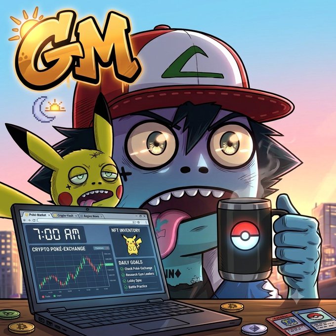 A cartoon illustration depicts Ash Ketchum with wide eyes and Pikachu behind him, while a laptop displays 'CRYPTO POKE-EXCHANGE' and 'NFT INVENTORY' with trading charts and daily goals, alongside a Poké Ball mug and Bitcoin tokens.