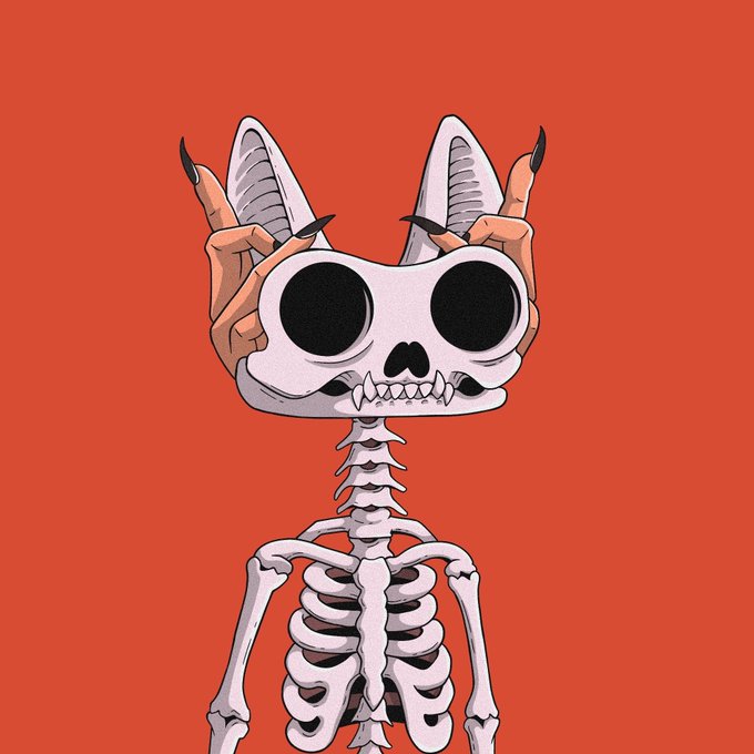 A digital illustration of a skeleton cat with large black hollow eye sockets, pointed ears, and clawed hands on a vibrant orange background.