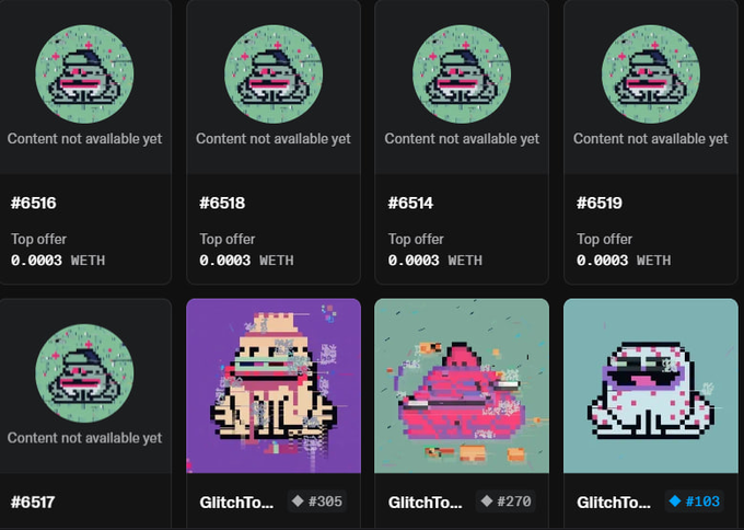 The image shows an NFT marketplace listing page featuring pixel-art "GlitchT..." (likely GlitchToadz) items with token IDs #305, #270, and #103, alongside several "Content not available yet" placeholder cards (#6516, #6518, #6514, #6519, #6517) all priced at 0.0003 WETH as top offers. This relates to the post about upcoming free mints, likely teasing that these unrevealed placeholder NFTs will become mintable in the next phase.