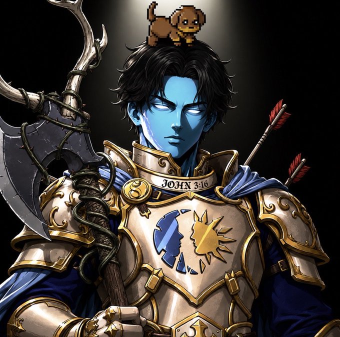An illustration of a knight with blue skin wearing ornate gold and white armor, holding a large axe, with a small pixelated dog on his head and text reading 'JOHN 3:16' on his chest plate.