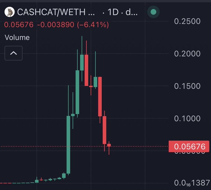 A daily candlestick chart of CASHCAT/WETH showing a massive pump to ~$0.25 followed by a steep crash to $0.05676 (down 6.41%), with several large red candles illustrating the rug pull the post warns about.