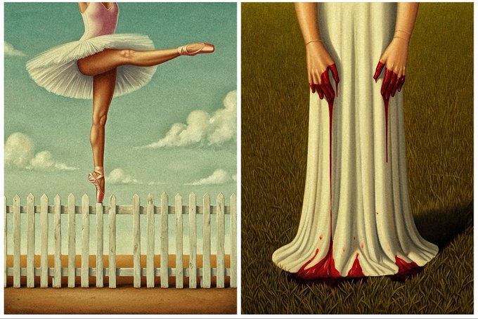 A side-by-side pairing of two surreal illustrations: on the left, a graceful ballerina balances en pointe atop a white picket fence under a dreamy sky, and on the right, a figure in an elegant white gown stands in a grassy field with blood dripping from her hands onto her dress—visually embodying the collection's contrasting titles "Find your equilibrium" and "Let death do us apart."