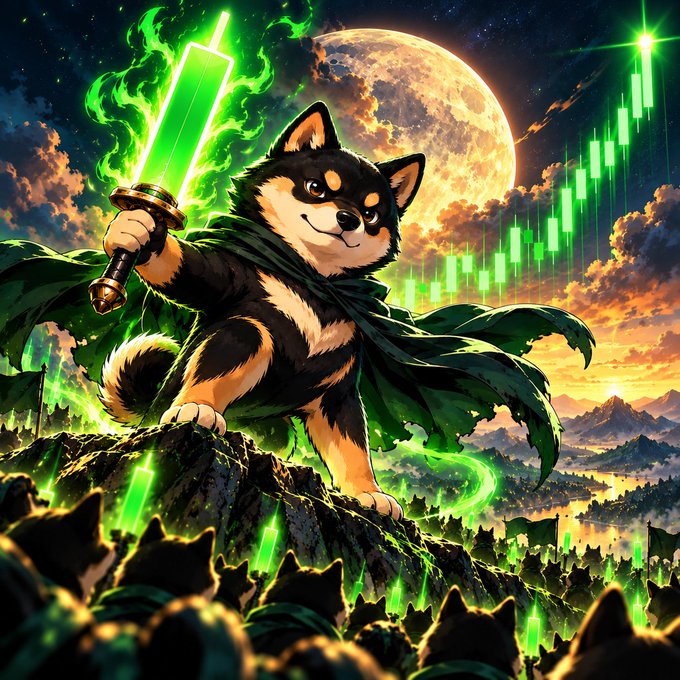 A stylized Shiba Inu warrior holds a glowing green sword while standing on a rocky peak beneath a large moon, with green candlestick charts rising in the sky.