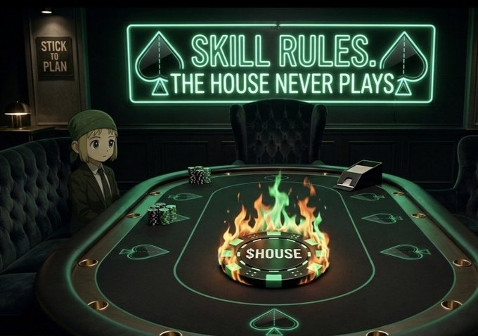 A dark, atmospheric digital illustration of a casino card table featuring a neon sign that reads 'SKILL RULES. THE HOUSE NEVER PLAYS,' with flaming poker chips spelling '$HOUSE' at the center and a 'STICK TO PLAN' poster on the wall.