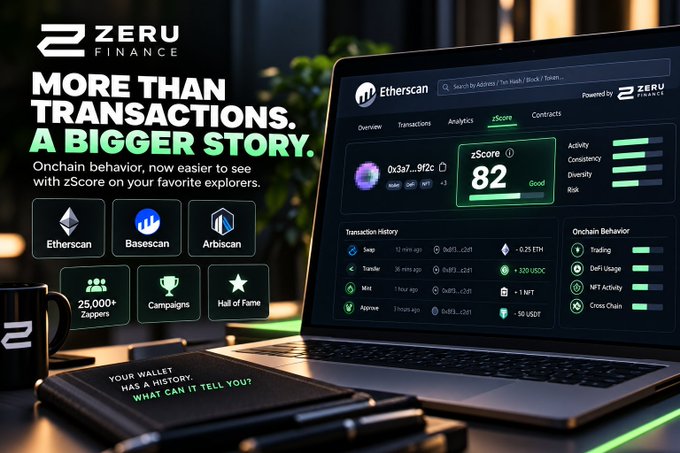 A ZERU Finance advertisement stating 'MORE THAN TRANSACTIONS. A BIGGER STORY.' showcasing zScore of 82 with transaction history and onchain behavior metrics.