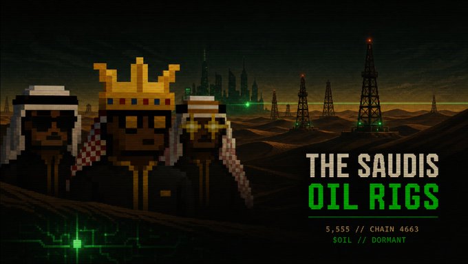 Pixel-art styled figures wearing a keffiyeh and a crown stand before a desert landscape of oil rigs, with text reading "THE SAUDIS OIL RIGS, 5,555 // CHAIN 4663, SOIL // DORMANT," visually representing the dormant-to-reawakening Saudi-themed NFT collection migrating to a new chain.
