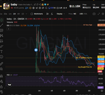 The image is a TradingView chart of baby.1h on GMGN, showing a sharp pump from ~$0 to a high of $256.09K around 2/14 followed by a steep decline, with the price currently at $11.19K (-13.73%). Key levels like "70 holders Avg Buy" ($94.22K) and "Avg Bought Price VA" ($69.58K) are marked, illustrating how post-pump holders are deep in losses—matching the post's warning about the developer earning 20k in fees without a buyback, leaving farmers holding bags.