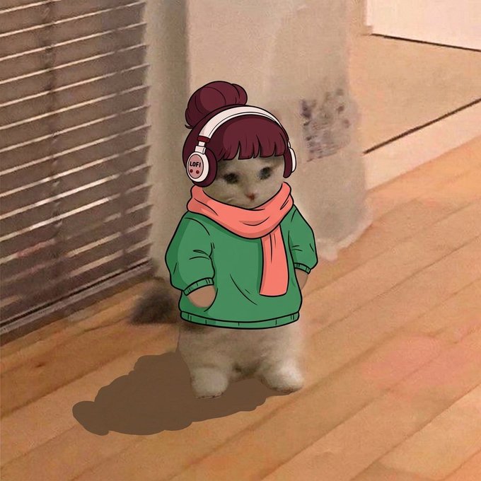 A small white cat stands on its hind legs on a wooden floor, digitally edited to wear a green hoodie, pink scarf, and red "LOFI" headphones, perfectly matching the "lofi mood" caption with its cozy, chill aesthetic.