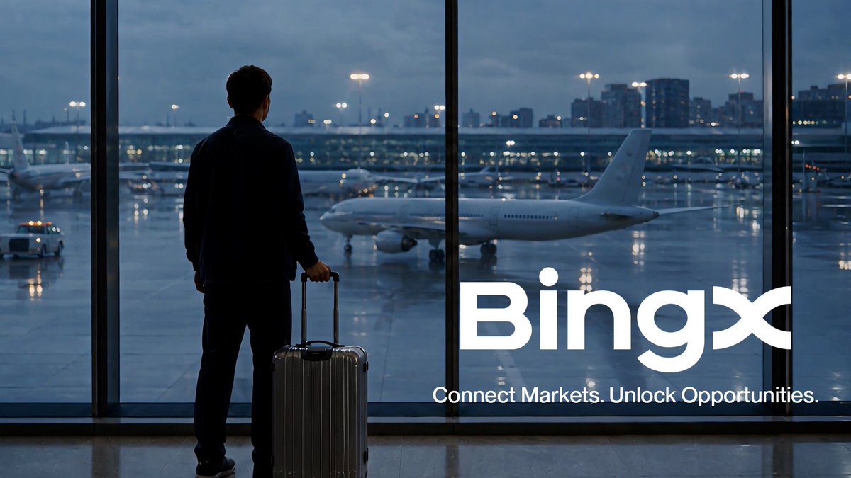 A person viewed from behind stands with a silver suitcase at an airport window looking out at a plane on the tarmac at dusk, with overlay text reading 'BingX - Connect Markets. Unlock Opportunities.'