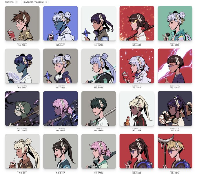A grid of digital profile picture art featuring various characters with different headgear, with the header 'FILTERS: HEADGEAR: TALISMAN' and individual art pieces labeled 'ELEMENTAL' with different numbers.
