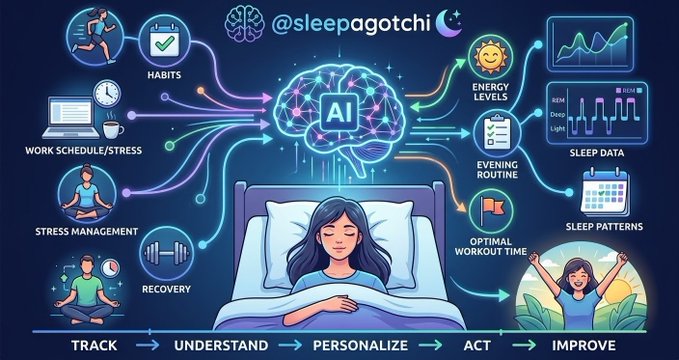 An infographic titled '@sleepagotchi' illustrating how AI personalizes sleep tracking, stress management, and recovery routines for better rest and energy levels.