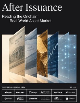 A report cover titled "After Issuance: Reading the Onchain Real-World Asset Market" (Q2 2025) featuring images of a stock certificate, gold bars, and a digital network chart, with logos for contributing firms including tZERO, BlackRock, Coinbase, Galaxy, Moody's, and tether.