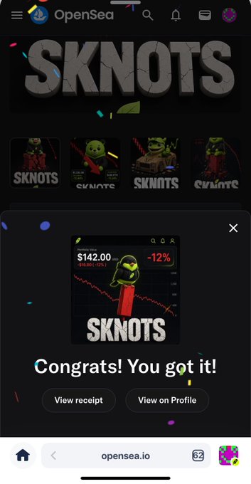 OpenSea mobile interface showing a successful NFT purchase of a 'SKNOTS' item for $142.00, displaying 'Congrats! You got it!' with options to view receipt or profile.