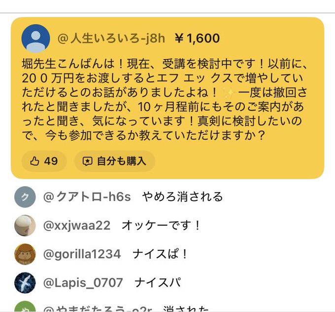 A Japanese YouTube Super Chat screenshot showing @人生いろいろ-j8h donating ¥1,600 to 堀先生 (Hori-sensei) while questioning his investment solicitations, with multiple viewers in the comments reacting to the message—directly illustrating the accompanying post about Hori Daisuke quickly deleting critical Super Chats about his ongoing investment promotion activities.