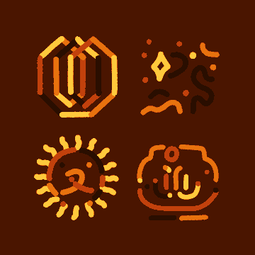 A pixel art design on a brown background featuring four cryptocurrency-related icons: a hexagon emblem, squiggly patterns, a sun-like logo, and a piggy bank.