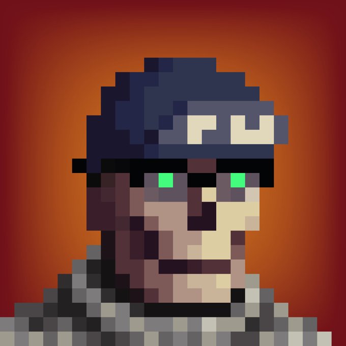 A pixel art portrait of a character with glowing green eyes, dark hair, and a futuristic visor or headband set against an orange-red gradient background.