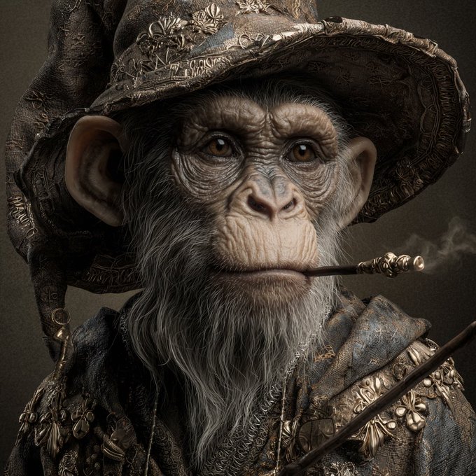A hyperrealistic portrait of a chimpanzee dressed in elaborate, ornate period clothing, wearing a large decorative hat and smoking an ornate smoking pipe.