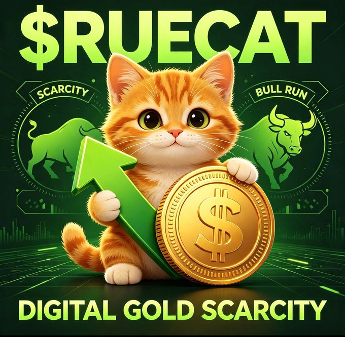 A promotional graphic for '$RUECAT' cryptocurrency featuring an orange cat holding a gold dollar coin and a green upward arrow, with the tagline 'DIGITAL GOLD SCARCITY' and 'BULL RUN' indicators.